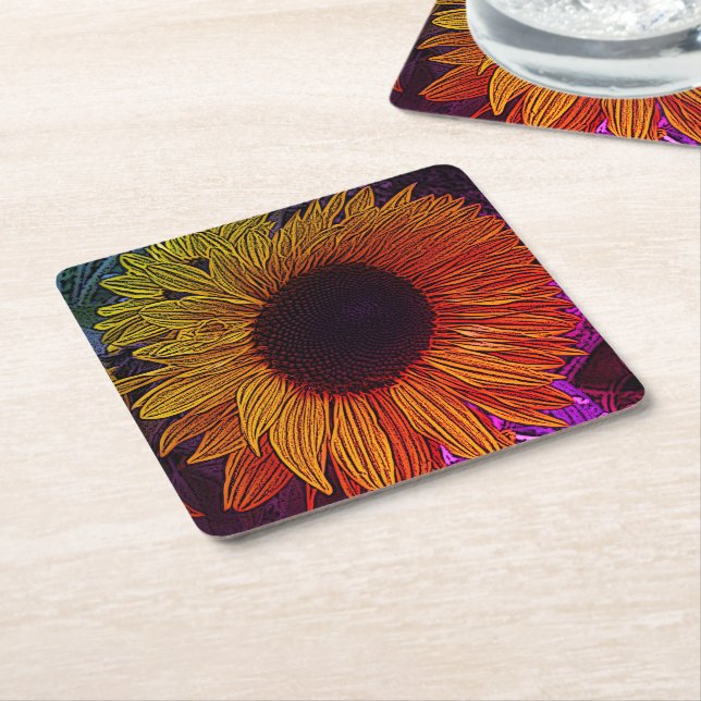 colourful contempory large yellow sun flower square paper coaster (Angled)