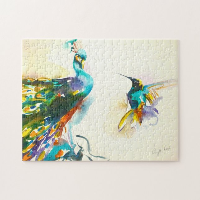 "Colourful Conversation" Hummingbird & Peacock Jigsaw Puzzle (Horizontal)