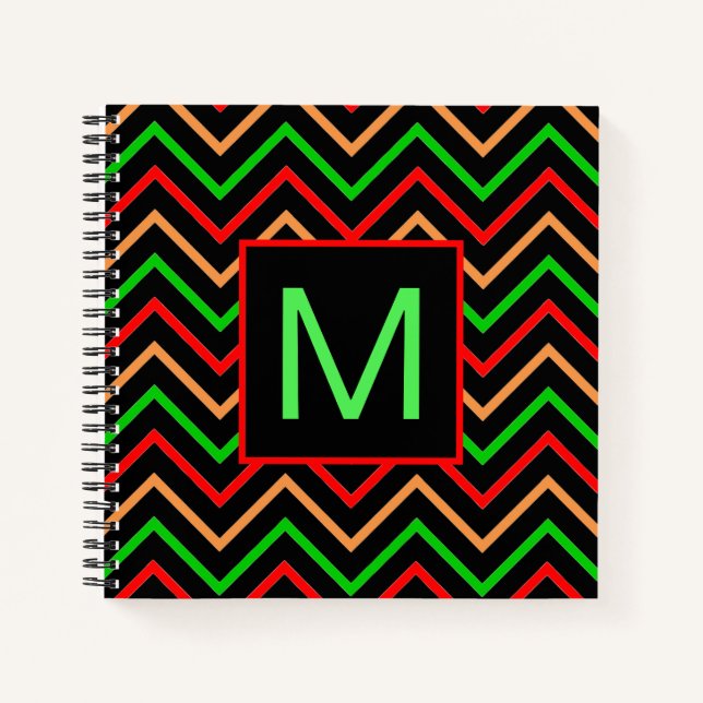 Colourful Cool Chevron on Black Monogram Notebook (Front)