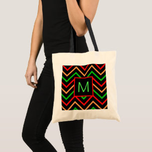 Colourful Cool Chevron on Black Monogram Tote Bag