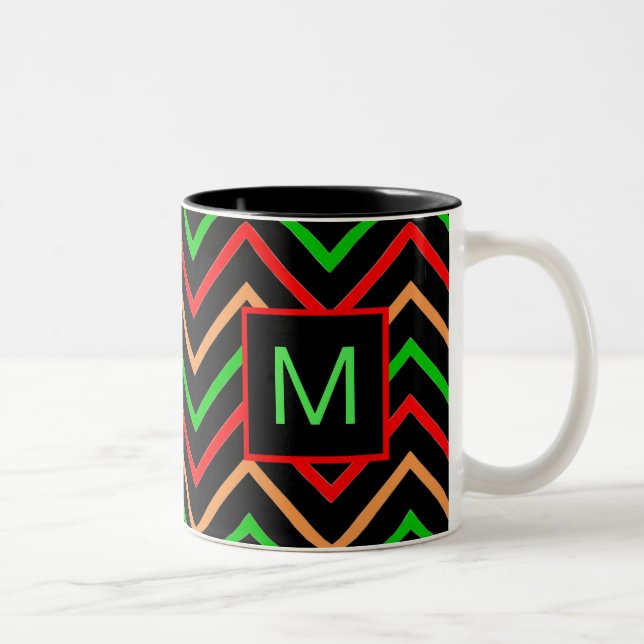 Colourful Cool Chevron on Black Monogram Two-Tone Coffee Mug (Right)