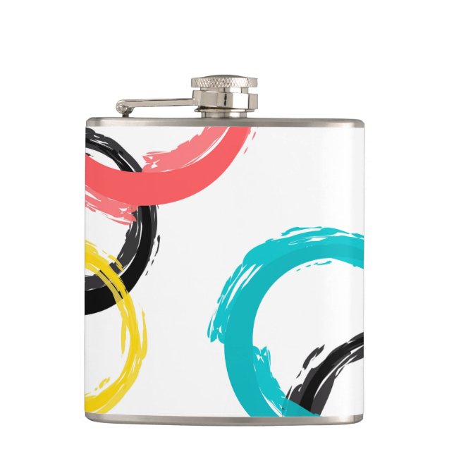 Colourful, cool, modern,trendy brush stroke circle hip flask (Front)