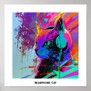 Colourful Cool Pop Art Editable Headphone Cat Poster