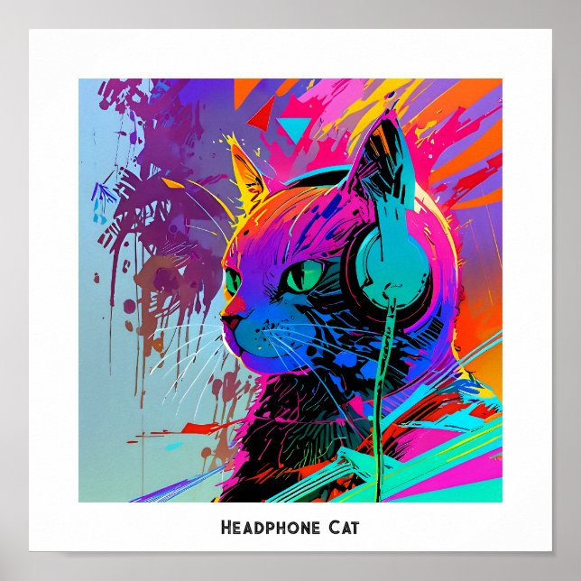 Colourful Cool Pop Art Editable Headphone Cat Poster (Front)