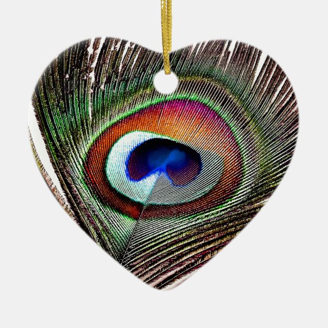 Colourful Copper Peacock Feather Ceramic Tree Decoration (Front)