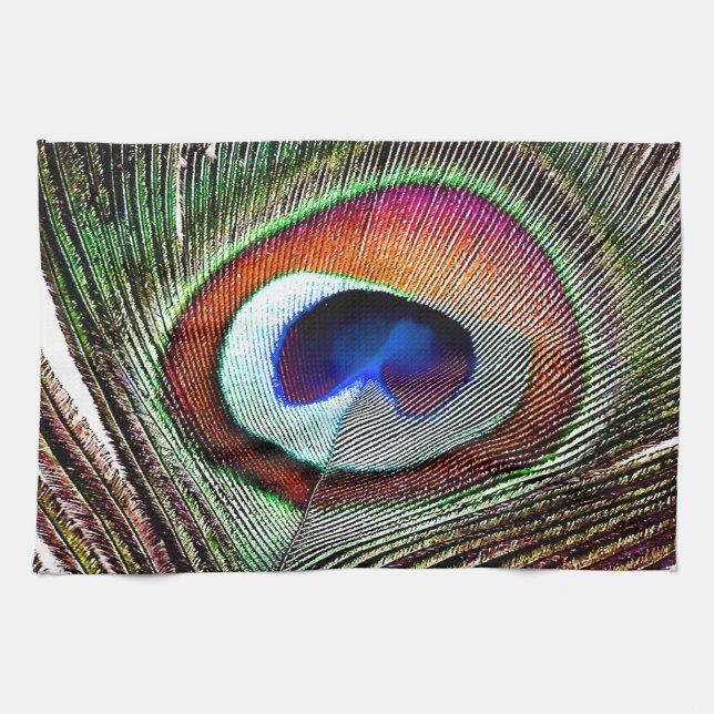 Colourful Copper Peacock Feather Tea Towel (Horizontal)