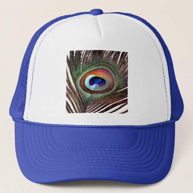 Colourful Copper Peacock Feather Trucker Hat (Front)