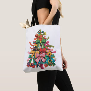 Colourful Coquette Christmas Tree Preppy Pink Xmas Tote Bag