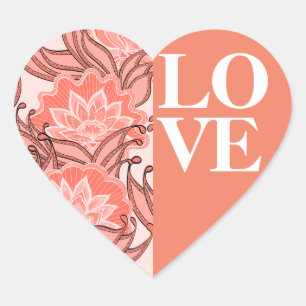 Colourful Coral Boho Floral LOVE Heart Sticker