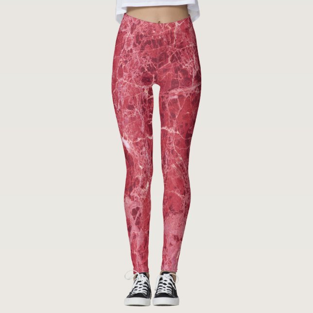 Colourful coral red marble leggings (Front)