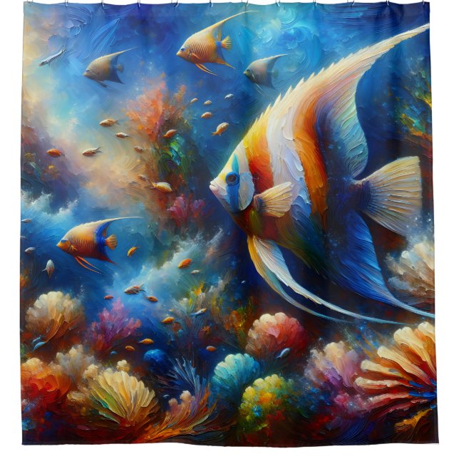 “Colourful Coral Reef Angelfish Art” Shower Curtain (Front)