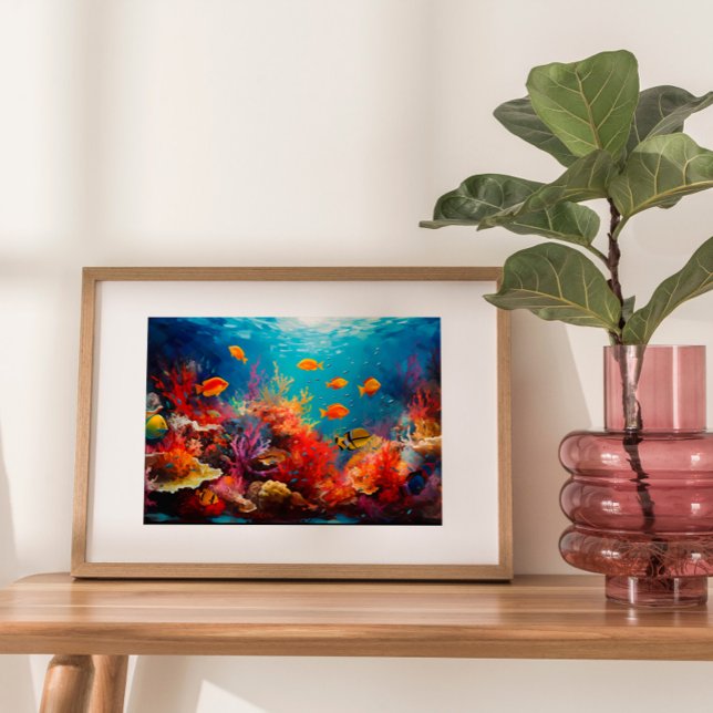 Colourful Coral Reef Digital Oil Painting Poster (Dive into the enchanting world of the oceans wonders with this exquisite oil painting.)