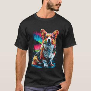 Colourful Corgi Dog Aurora Borealis Winter Forest T-Shirt