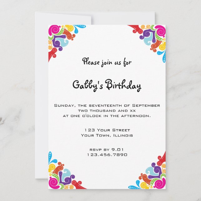Colourful Corners Birthday Party Invitation (Front)