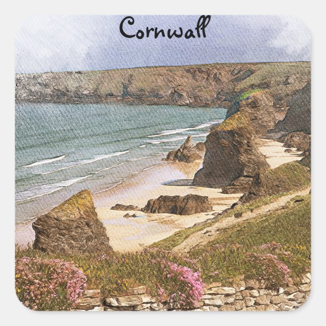 Colourful Cornwall England Coastal Scenery Square Sticker (Front)