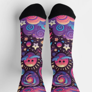 Colourful Cosmic Scene with Cartoon Planets Socks