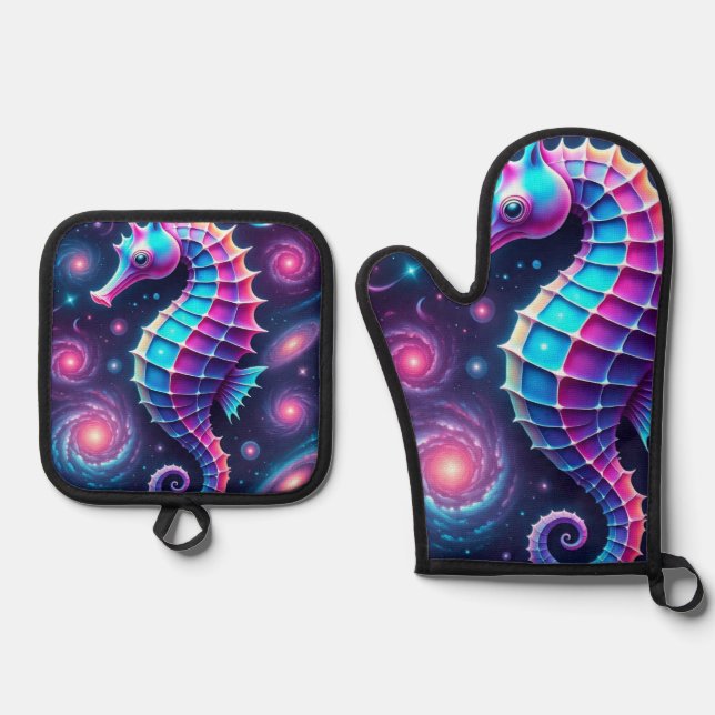 Colourful Cosmic Seahorse  Oven Mitt & Pot Holder Set (Front)