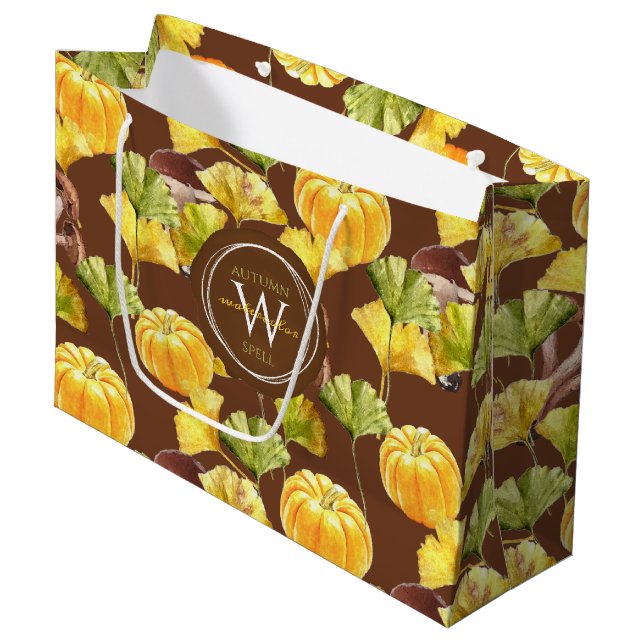 Colourful Cosy Autumn Watercolor Pattern Monogram Large Gift Bag (Front Angled)