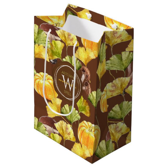 Colourful Cosy Autumn Watercolor Pattern Monogram Medium Gift Bag (Front Angled)