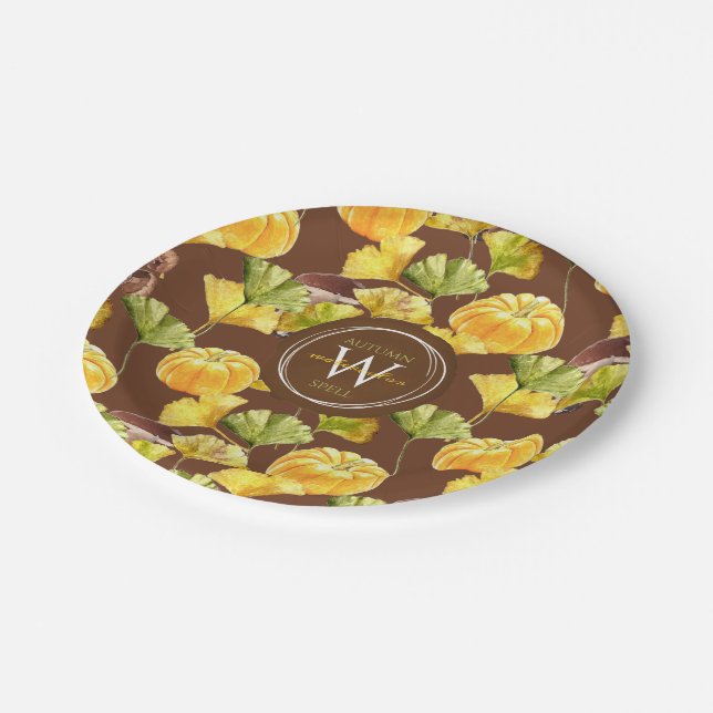 Colourful Cosy Autumn Watercolor Pattern Monogram Paper Plate (Angled)