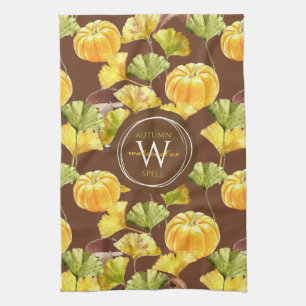 Colourful Cosy Autumn Watercolor Pattern Monogram Tea Towel