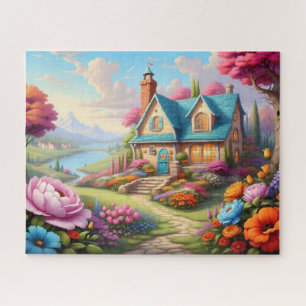 Colourful Cottage Garden by Lake Jigsaw Puzzle