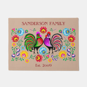 Colourful Country Chic Rooster Flower Pattern Doormat