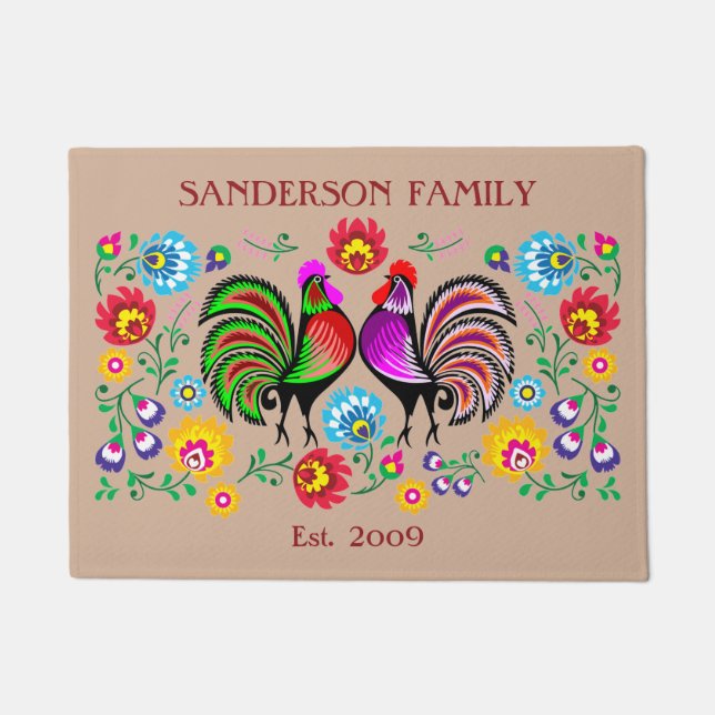 Colourful Country Chic Rooster Flower Pattern Doormat (Front)