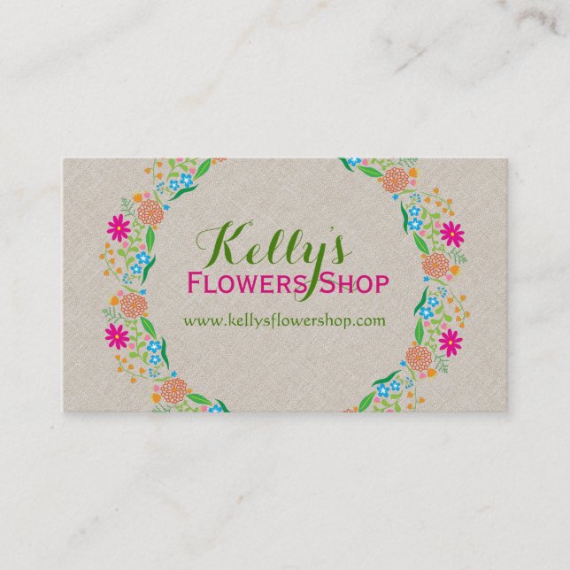 Colourful Country Flowers Faux Linen Background Business Card (Front)