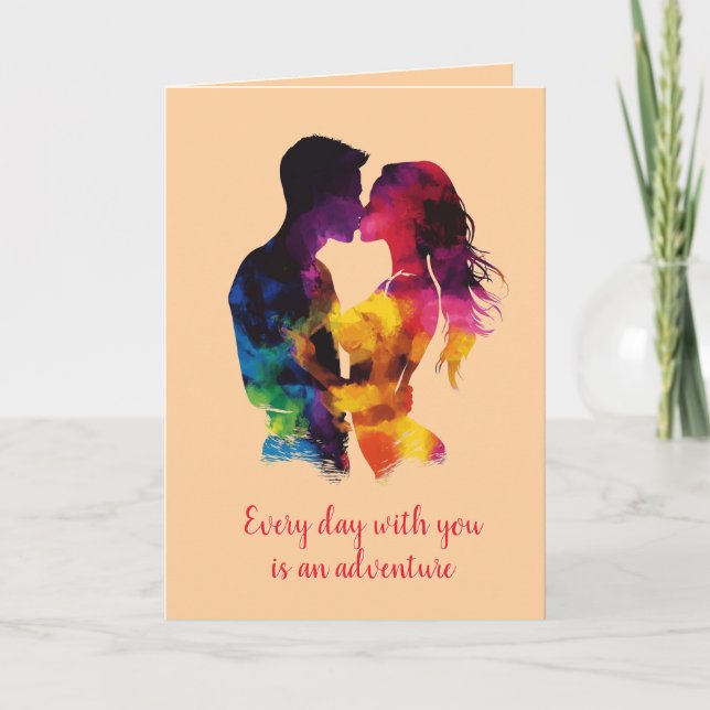 Colourful couple in love Silhouette Beige Card (Front)