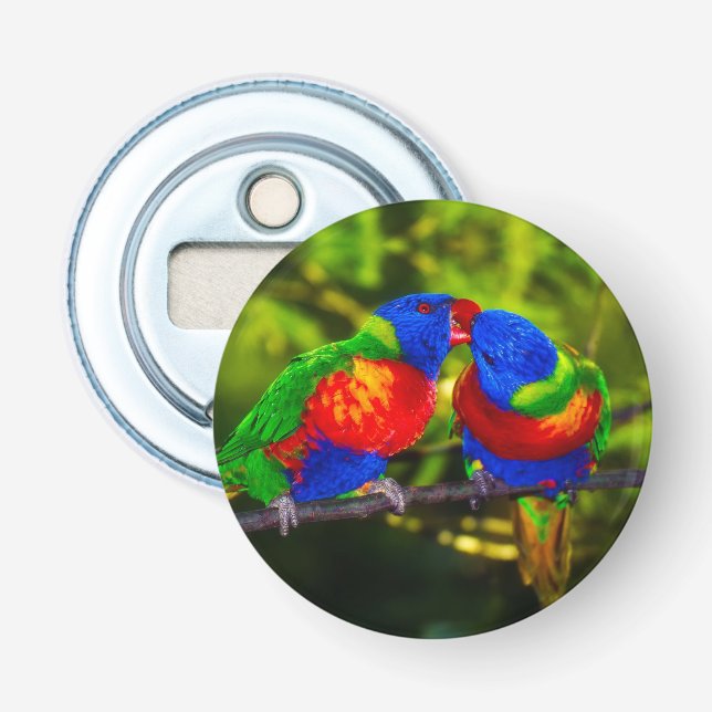 Colourful Couple of Kissing Parrots Bottle Opener (Front)
