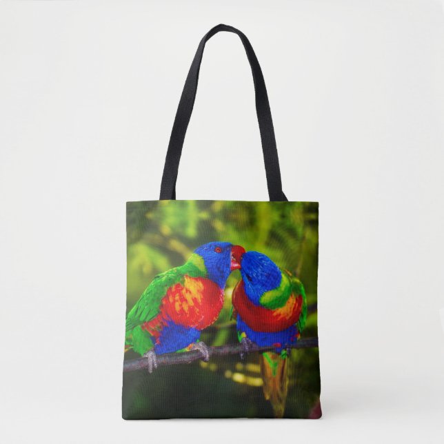 Colourful Couple of Kissing Parrots Tote Bag (Front)