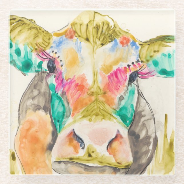 Colourful Cow Design Glass Coaster (Front)