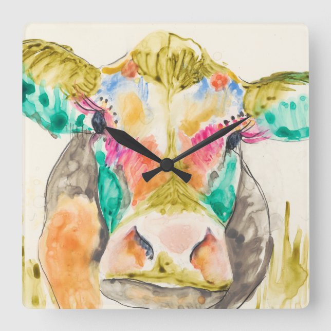 Colourful Cow Design Square Wall Clock (Front)