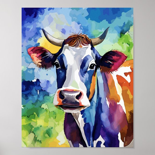 Colourful Cow Popart Watercolor Poster (Front)