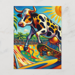 Colourful Cow Skateboarding Postcard