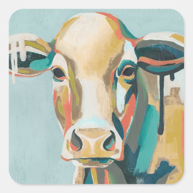 Colourful Cow Square Sticker (Front)