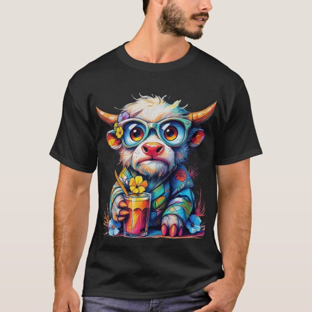 Colourful Cow T-Shirt with Cold Drink (Front)