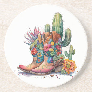 Colourful Cowgirl Boots and Cactus Coaster
