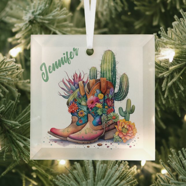 Colourful Cowgirl Boots and Cactus Glass Tree Decoration (Insitu)