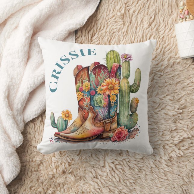 Colourful Cowgirl Boots and Cactus Personalised Cushion (Blanket)