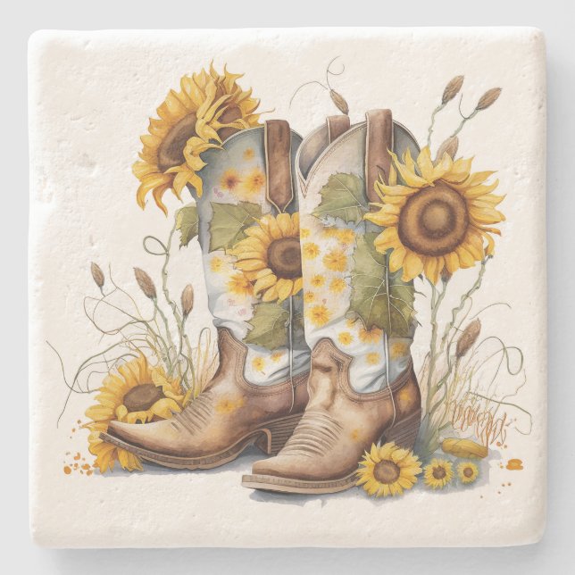 Colourful Cowgirl Boots and Cactus Stone Coaster (Front)