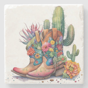 Colourful Cowgirl Boots and Cactus Stone Coaster