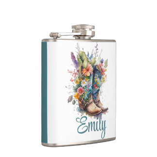 Colourful Cowgirl Boots and Flowers Hip Flask