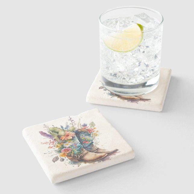 Colourful Cowgirl Boots and Flowers Stone Coaster (Side)