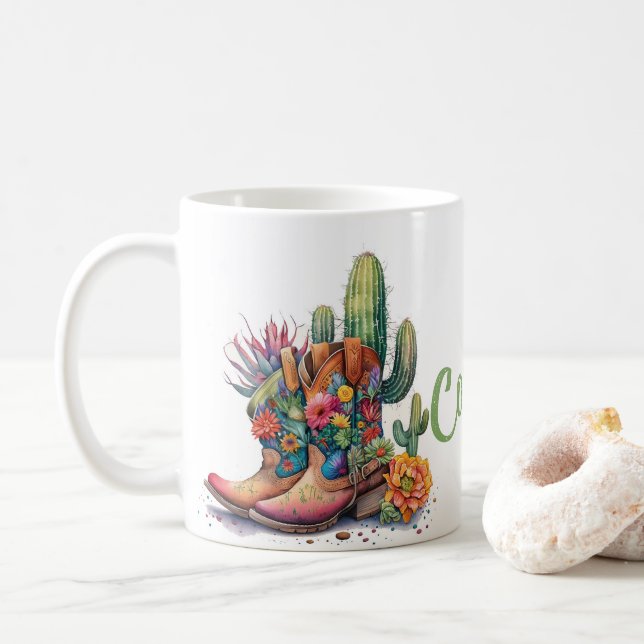 Colourful Cowgirl Boots Flowers and Cactus Coffee Mug (With Donut)