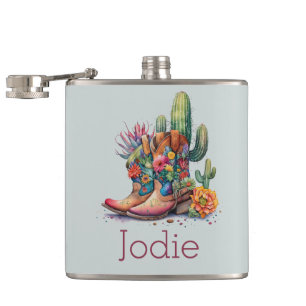 Colourful Cowgirl Boots Flowers and Cactus Hip Flask