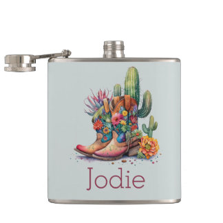 Colourful Cowgirl Boots Flowers and Cactus Hip Flask