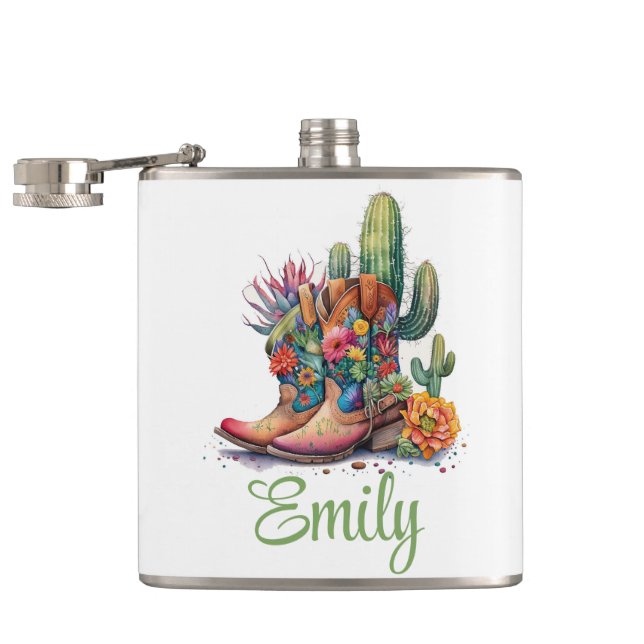 Colourful Cowgirl Boots Flowers and Cactus Hip Flask (Opened)
