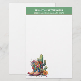 Colourful Cowgirl Boots with Flowers and Cactus Stationery